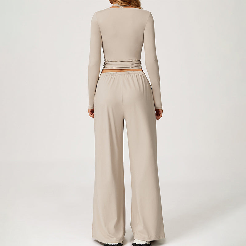 V-neck crop top+Open-back sleeveless crop+HIGH WAIST LEGGINGS 3-PIECE SET