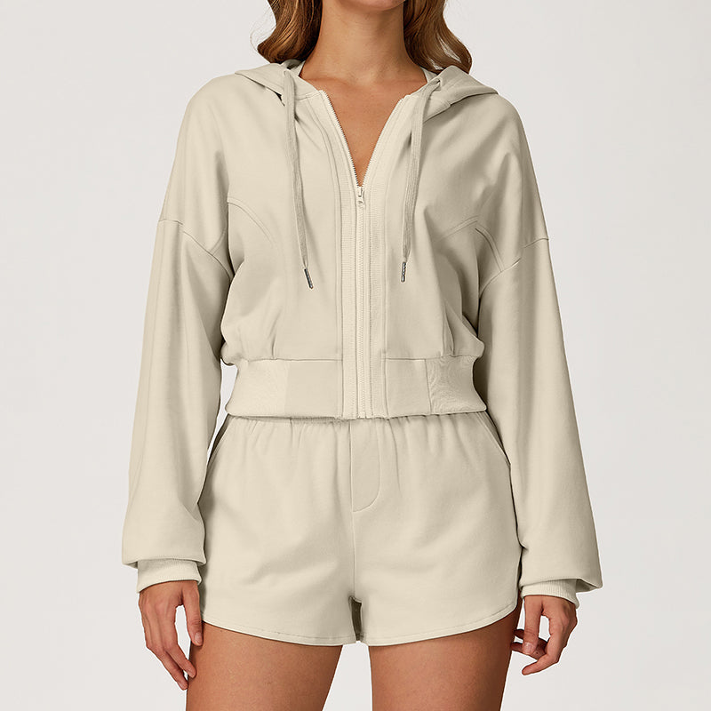 LOOSE HOODED AND FULL ZIPPER SWEATSHIRT + DRAWSTRING SHORTS 2 PIECES SET