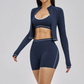 Color blocking Sports jacket+Sport Bra+High waisted shorts 3-piece set