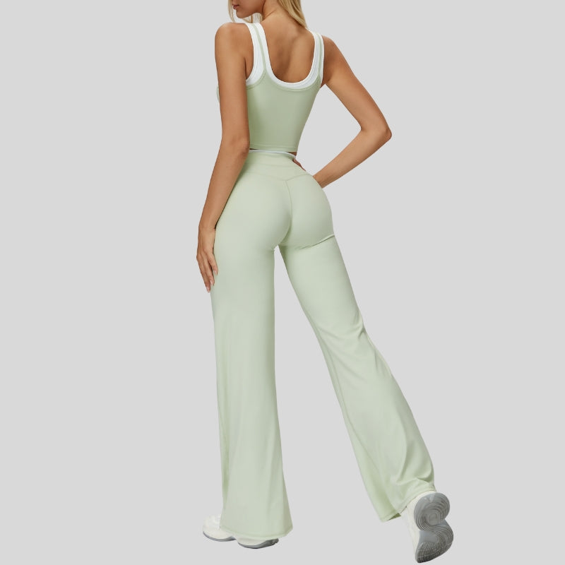 Two-piece contrasting sports tank top+port slightly flared pants 2-piece set