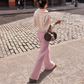 Wholesale Women's Sweaters Striped Stand-Collar Zip Knit Top & Flared Pants Set