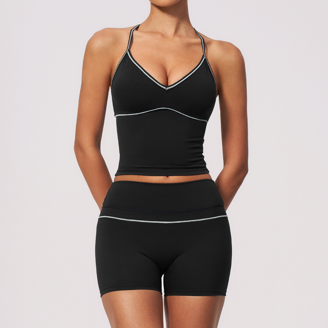 Wholesale Women's Brushed Yoga Set: Halter V-Neck Bra & Shorts – Colorblock Quick-Dry