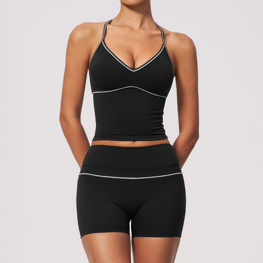 Wholesale Women's Brushed Yoga Set: Halter V-Neck Bra & Shorts – Colorblock Quick-Dry