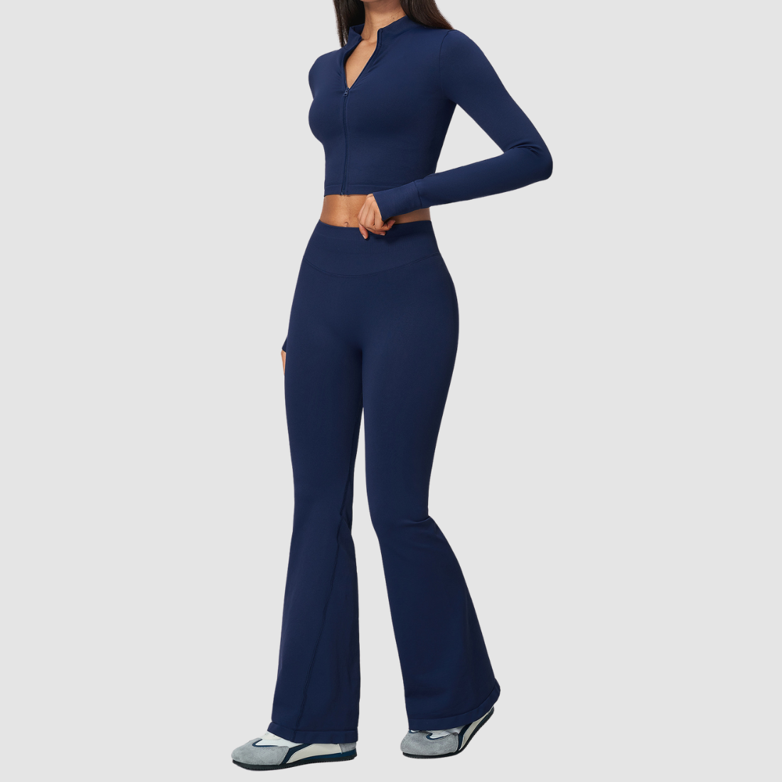 Wholesale Women's Stand-Collar Zip Jacket & Flared Yoga Pants Set