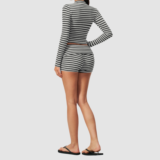 Wholesale Women's Stripe Yoga Set: Zip Stand-Collar Jacket & Shorts