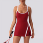 Wholesale Women's Spaghetti Strap Tennis Dress – Feather-Trim Anti-Exposure Fitness Dress