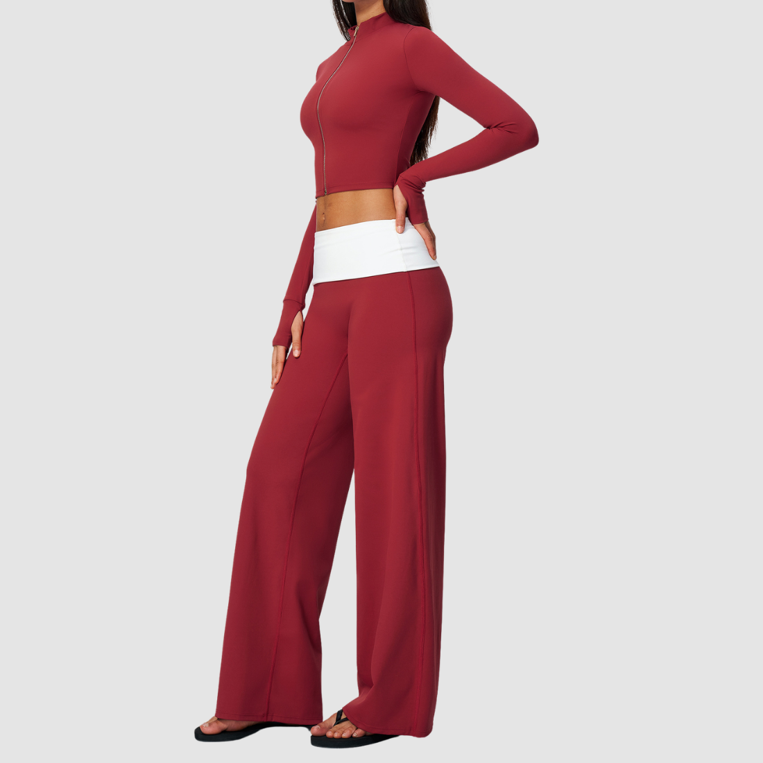 Wholesale Women’s Stand-Collar Zip Jacket & Flared Yoga Pants Set