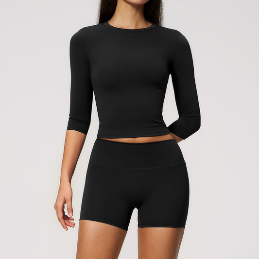Wholesale Women's 3/4 Sleeve Crop Top & Biker Shorts Set – Seamless Yoga Activewear
