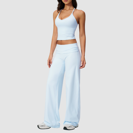 Wholesale Breathable Tank Top& Fold-up High Waist Flare Leggings Set