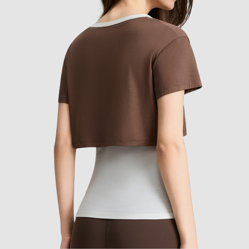 Wholesale Women's Color-Block Faux Two-Piece Yoga Short-Sleeve Top