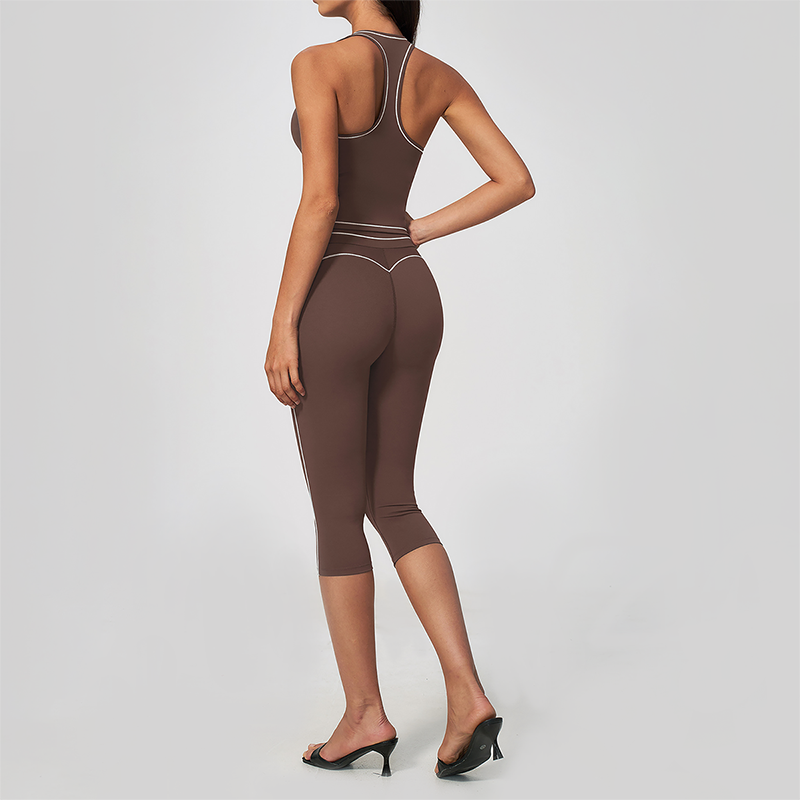 Wholesale Women's Colorblock Brushed Yoga Set: Halter V-Neck Top & Capri Pants