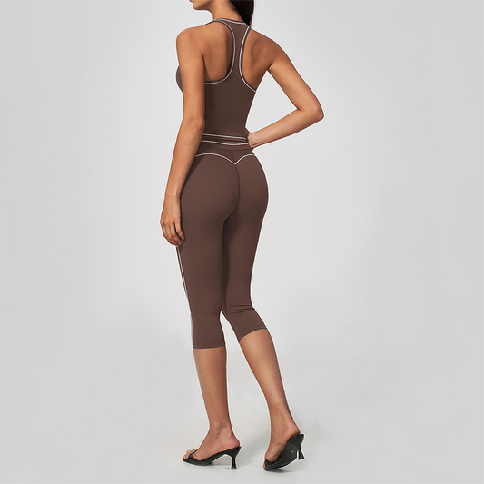 Wholesale Women's Colorblock Brushed Yoga Set: Halter V-Neck Top & Capri Pants