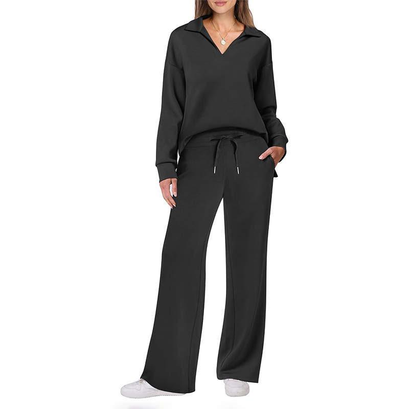 Wholesale Notched Long Sleeve Hooded Jacket + Loose Wide-Leg Pants