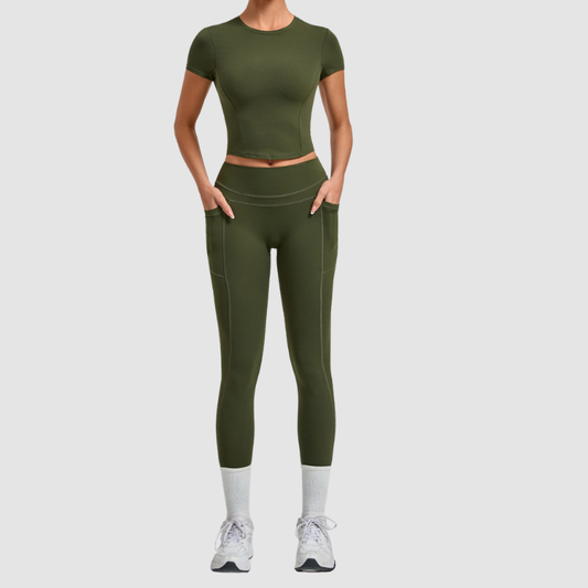 Wholesale Women's Naked-Feel Short Sleeve Top + High-Waist Leggings Set – Peach Lift Yoga Fitness Activewear