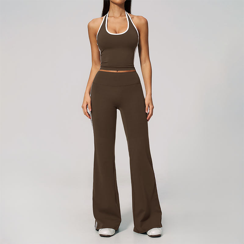 Wholesale Women's Bare-Feel Color-Block Tank Top & High waisted flared pants Set