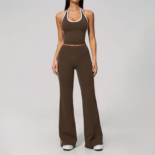 Wholesale Women's Bare-Feel Color-Block Tank Top & High waisted flared pants Set