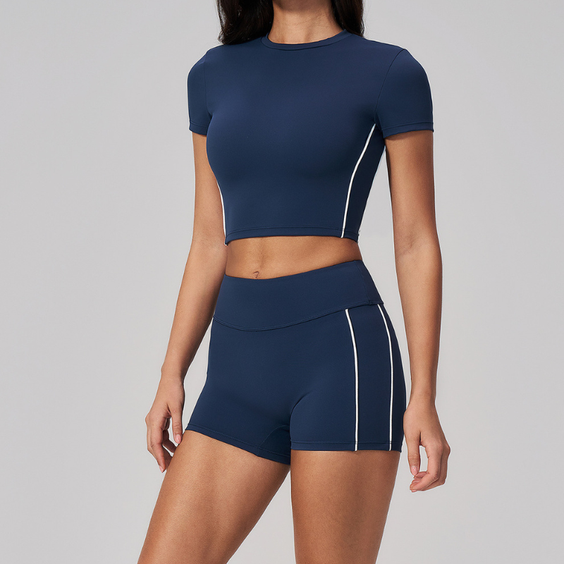Wholesale Women's Brushed Short Sleeve Crop Top & High-Waist Shorts Set – Padded Yoga Fitness 2-Piece
