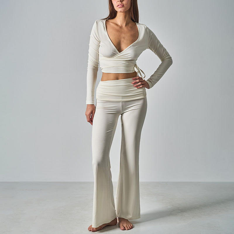 Women's Morday Side Drawstring Yoga Top + High-Waisted Wide-Leg Pants 2-Piece Set