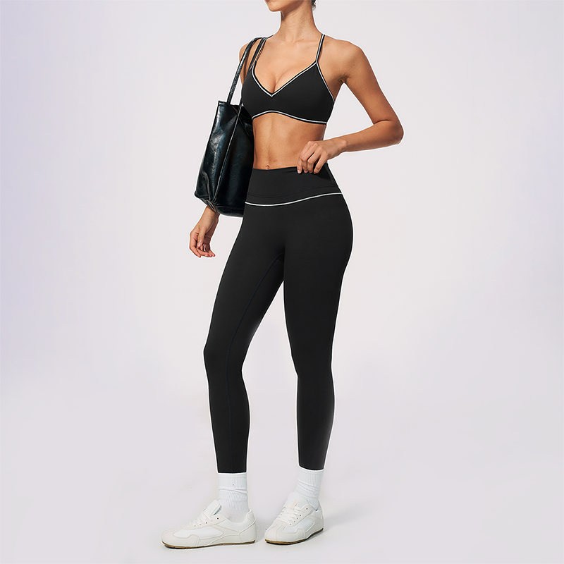 Wholesale Women's Brushed Yoga Set: V-Neck Bra & Leggings – Colorblock Tummy Control