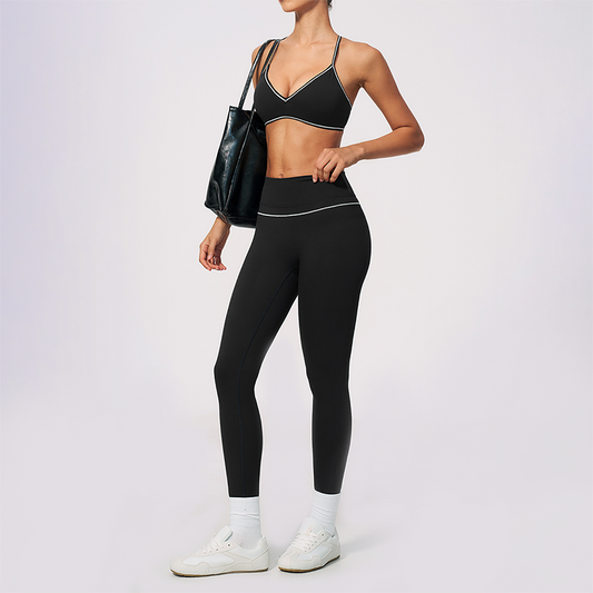 Wholesale Women's Brushed Yoga Set: V-Neck Bra & Leggings – Colorblock Tummy Control