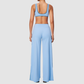 Nude-feel deep V bra + high waist + high-waisted color-blocked pants 2-piece set