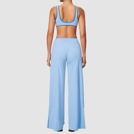 Nude-feel deep V bra + high waist + high-waisted color-blocked pants 2-piece set