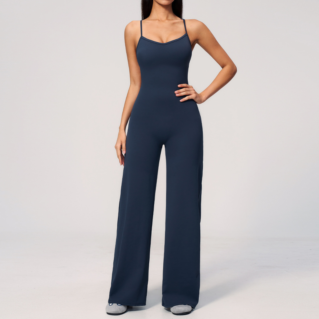 Wholesale Women's Brushed Yoga Jumpsuit – Cross Back Wide-Leg Athletic Bodysuit w/ Chest Pad