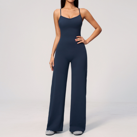 Wholesale Women's Brushed Yoga Jumpsuit – Cross Back Wide-Leg Athletic Bodysuit w/ Chest Pad