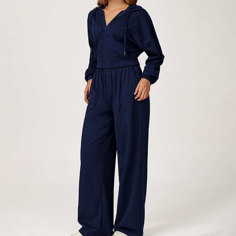 LOOSE HOODED AND FULL ZIPPER SWEATSHIRT + DRAWSTRING SWEATPANTS 2 PIECES SET