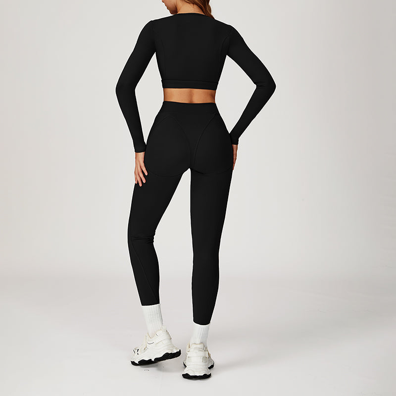 Round-neck long-sleeve high-waist fitted top+HIGH WAIST LEGGINGS 2-PIECE SET