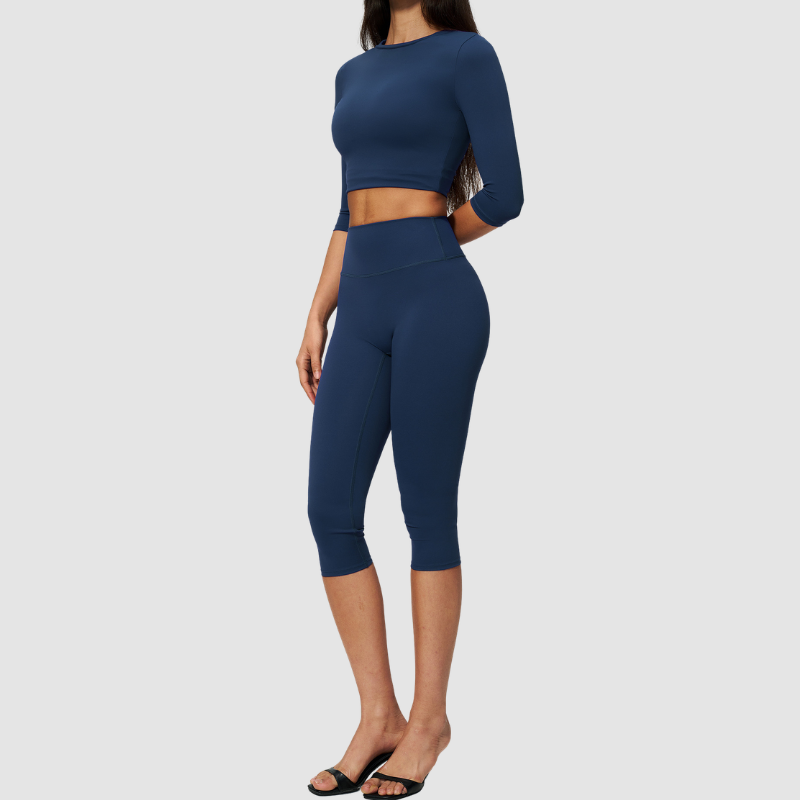 Wholesale Women's 3/4 Sleeve Crop Top & High-waisted Mid-Length Leggings Set
