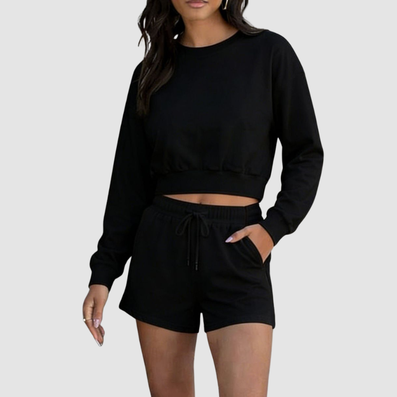 Wholesale Women's Crew Neck Long Sleeve Loose Sweatshirt Set – Casual Pullover Top + Shorts