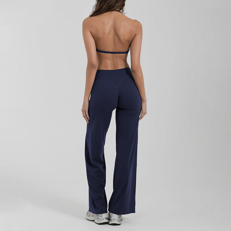 Halter-neck backless bra + loose wide-leg pants 2-piece set