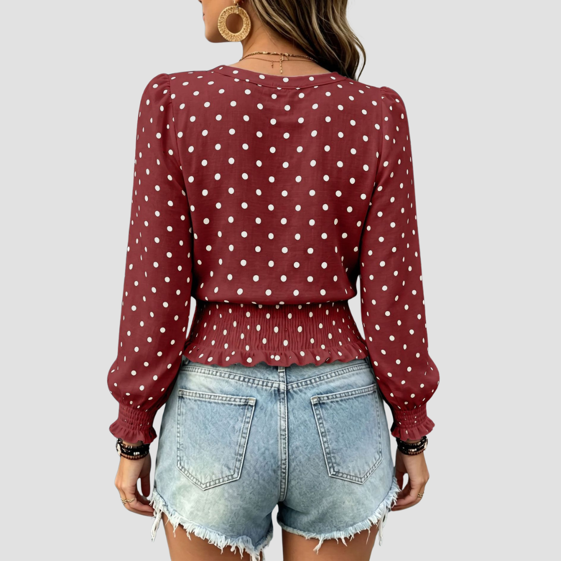 Wholesale Women's Round neck printed polka dot long sleeve V-neck fashionable casual top