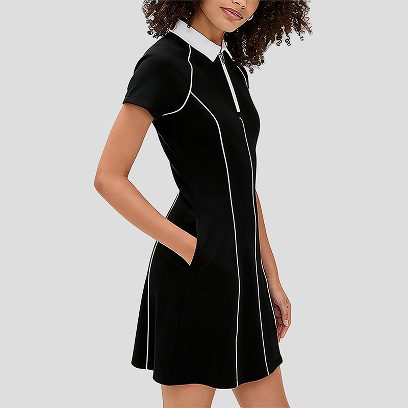 Wholesale Women's Polo Collar Tennis Dress – Color-Block Short-Sleeve Anti-Exposure Sports Dress