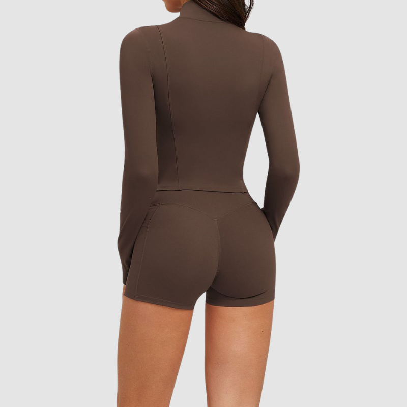 Wholesale stand-collar zippered jacket + high-waisted tight shorts