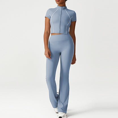 Stand-Collar Cropped Jacket + Butt-Lifting Flared Pants 2-Piece Set