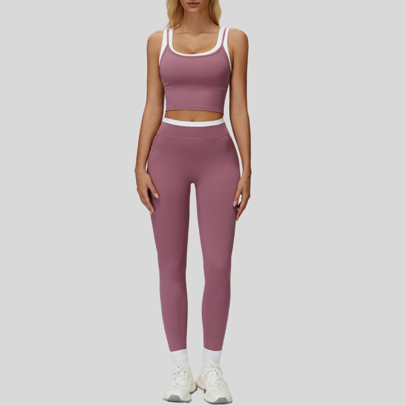 Two-piece contrasting sports tank top+sports leggings 2-piece set