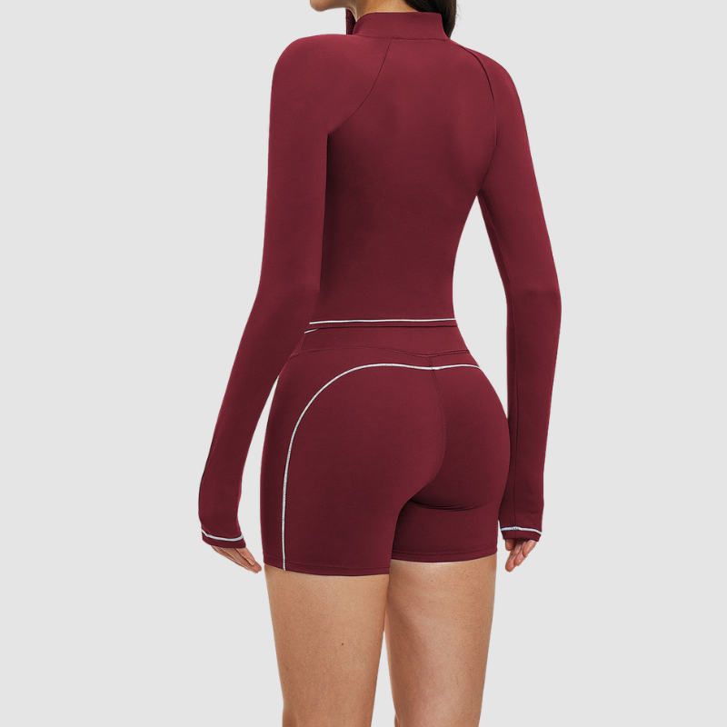 Wholesale color-blocked stand-collar zippered jacket + high-waisted tight shorts