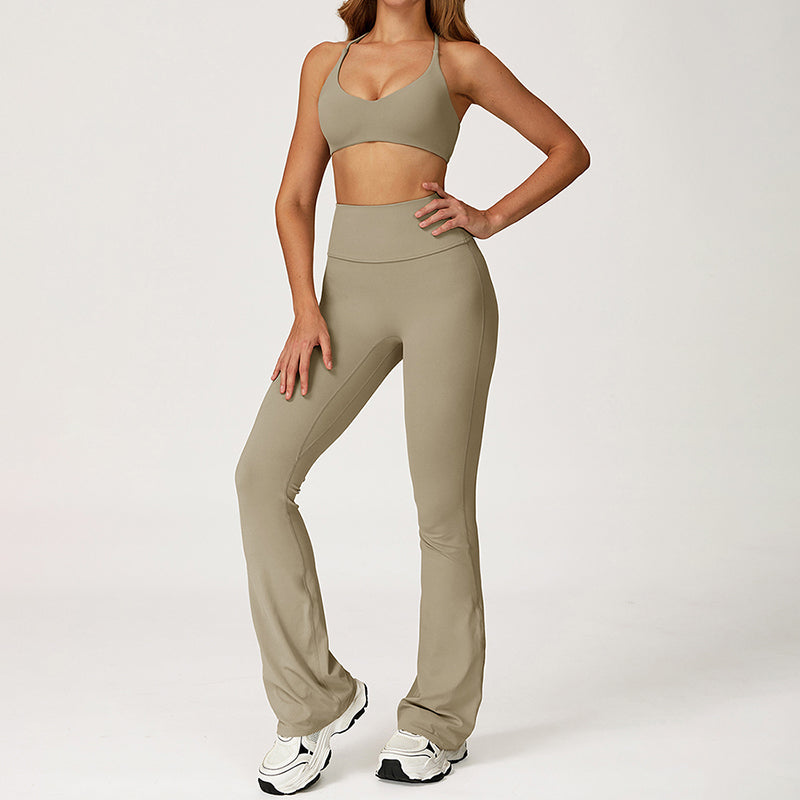 Cross-Back Sports Bra + Flared Leg Pants 2-Piece Set