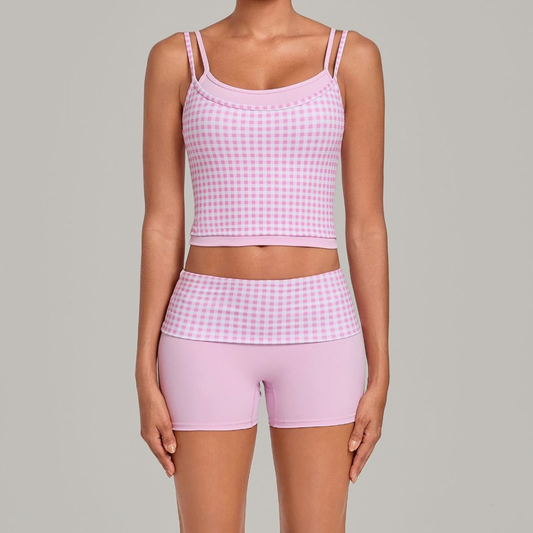 Wholesale Women's Retro Print Double-Strap Yoga Vest+High-waist Shorts Two-Piece Set