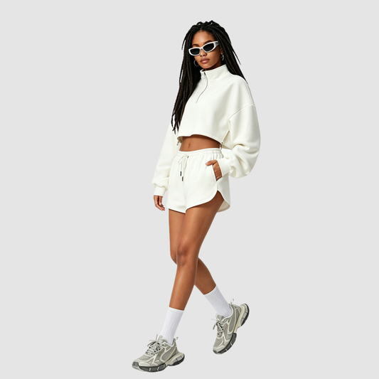 Wholesale RS Stand-Collar Half-Zip Top + Drawstring Shorts Set