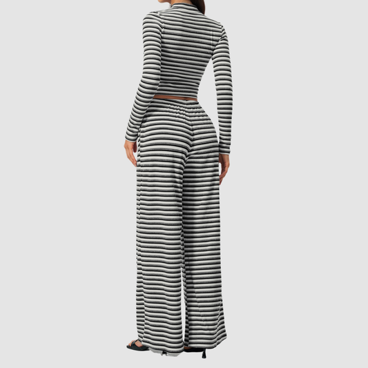 Wholesale Women's Stripe Yoga Bra & Wide-Leg Pants & Jacket 3-Piece Set