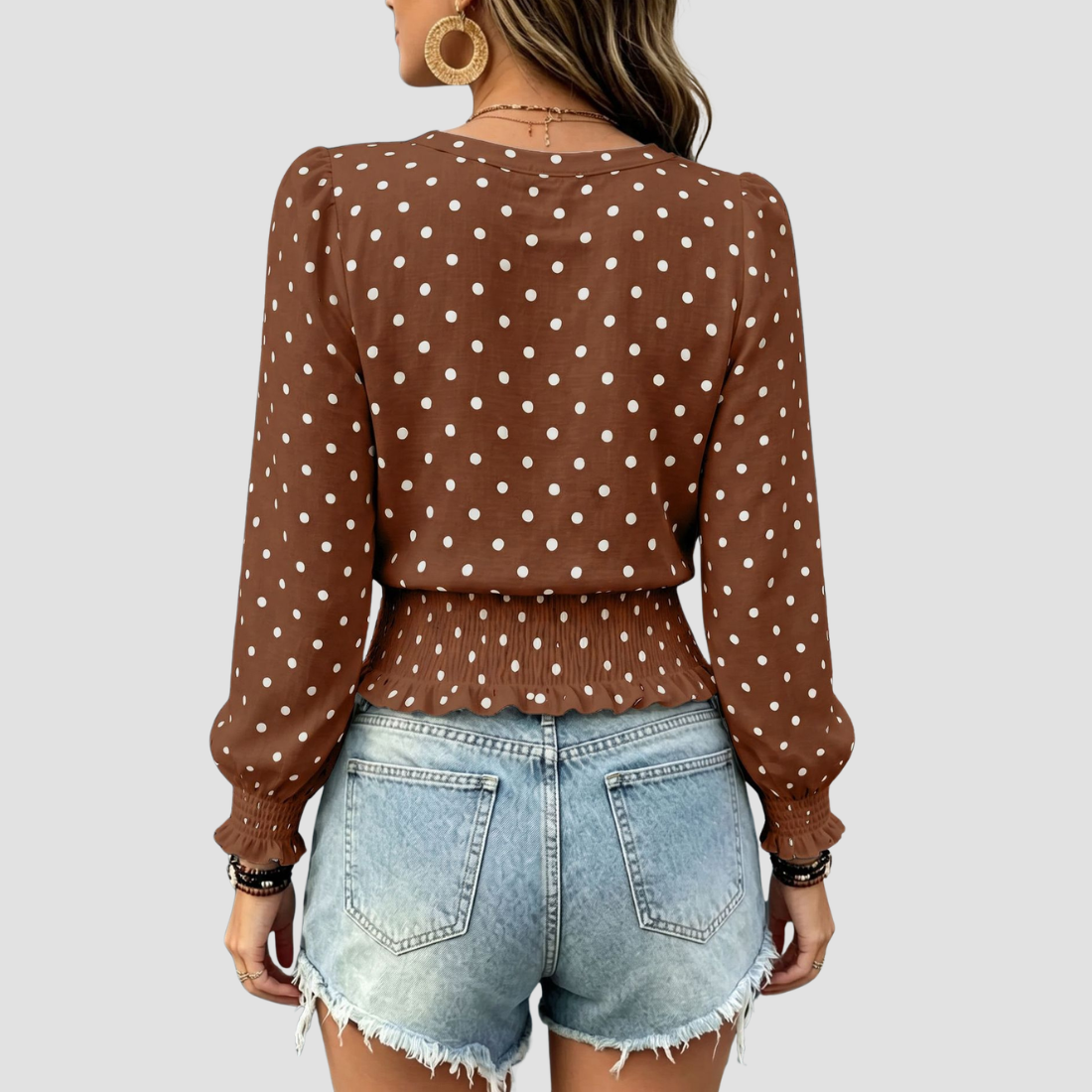 Wholesale Women's Round neck printed polka dot long sleeve V-neck fashionable casual top