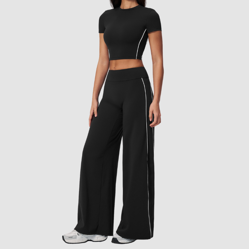 Wholesale Women's Brushed Short Sleeve Crop Top & Wide-Leg Pants Set – Padded Yoga Fitness 2-Piece