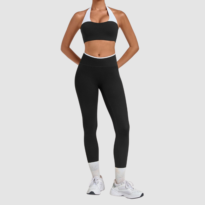Wholesale Halter Neck Colorblock Yoga Set Sports Bra & Leggings – Naked Feel with Pocket