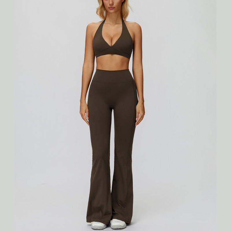 Halter sports bra+High waisted flared pants 2-piece set