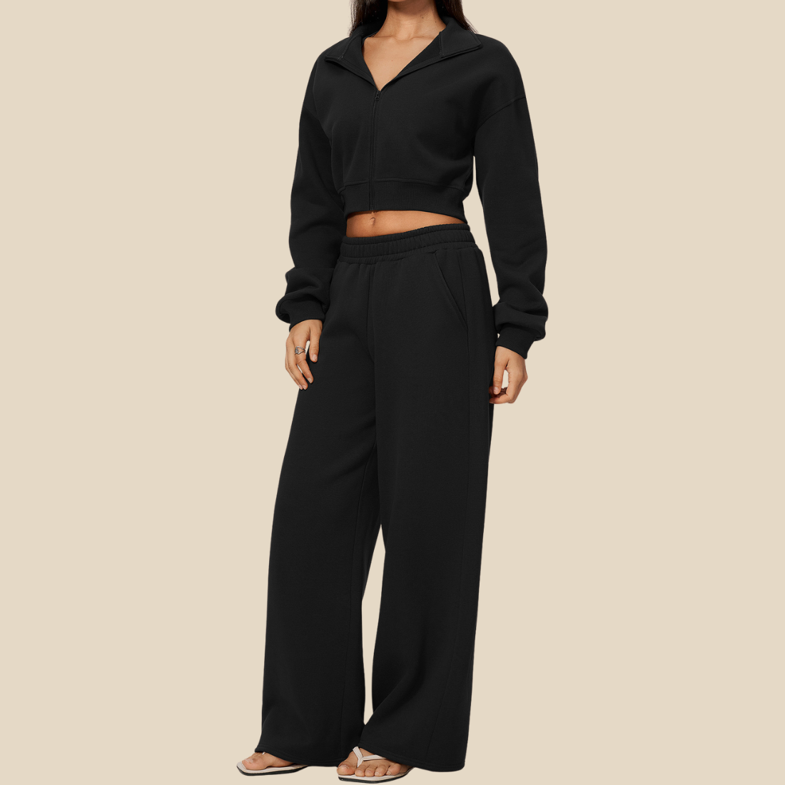 Wholesale Women's Activewear High-neck zip-up Jacket+Fleece-lined wide-leg pants Set