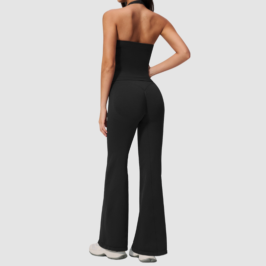 Wholesale Women's V-Neck Halter Sports Bra & Flare Pants Set – Seamless Ribbed Yoga Activewear