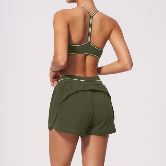 Wholesale Women's Brushed Yoga Set: V-Neck Strappy Bra & Shorts – Colorblock Tummy Control